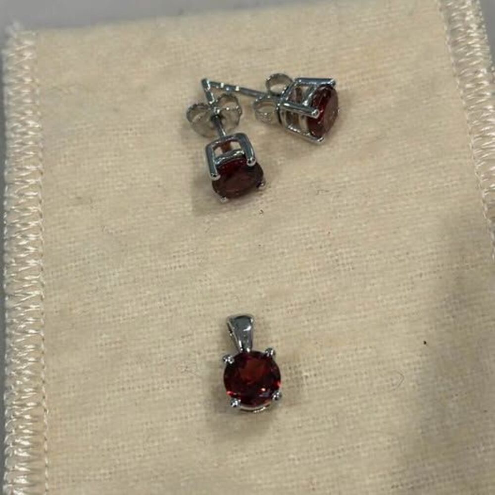 Garnet Stud Earrings & Pendant Set | Red Garnet January Birthstone Jewelry